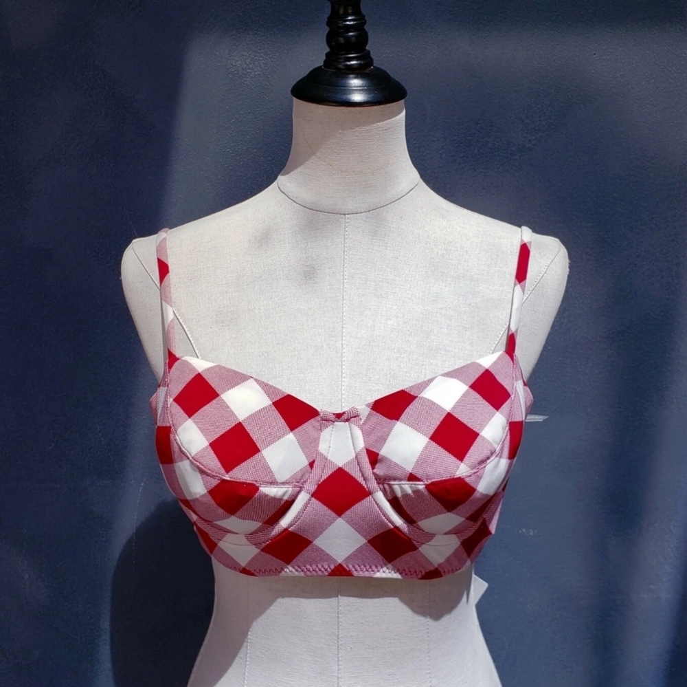 Norma Kamali Red And White Gingham Check Underwire Bra Bikini Top Size L NWT